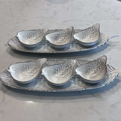 Pier 1 Ivory Cream Embossed Bird Shaped Small Bowls & Feather Dishes (2 Sets)