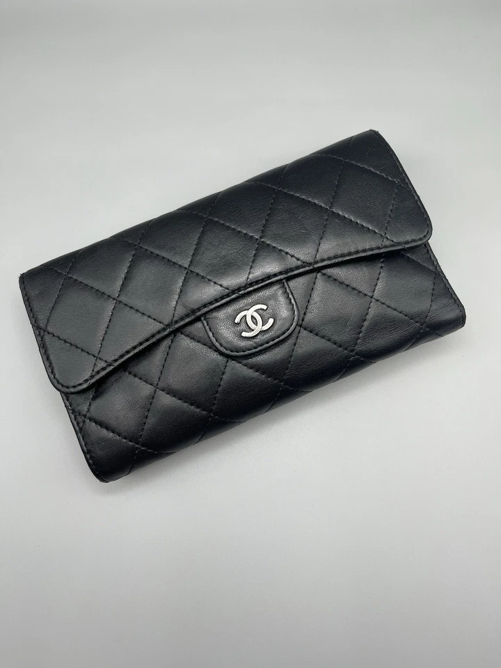 CHANEL Authentic Tri-fold Wallet Lambskin Quilted Leather In Black From USA - Image 4 of 4
