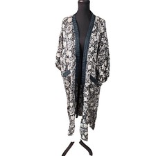 VTG Victoria's Secret 100 Silk Kimono Robe Black White Floral Long Gold Label