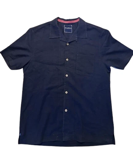 Tommy Bahama Linen Blend Shirt Mens M Navy Short Sleeve Button Up Camp Collar