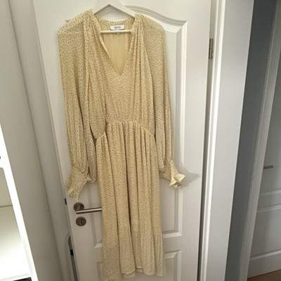 IPEKYOL Damen Maxikleid Midi beige gepunktet V-Ausschnitt Langarm Falten L/XL