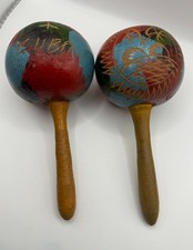 Vintage Hand Painted Wooden Maracas 1950's -Vibrant Red, Blue and Green