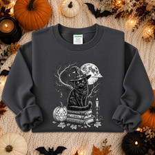 Black Cat Halloween Sweatshirt Graphic Cozy Magic Witch Spell Books Pumpkin