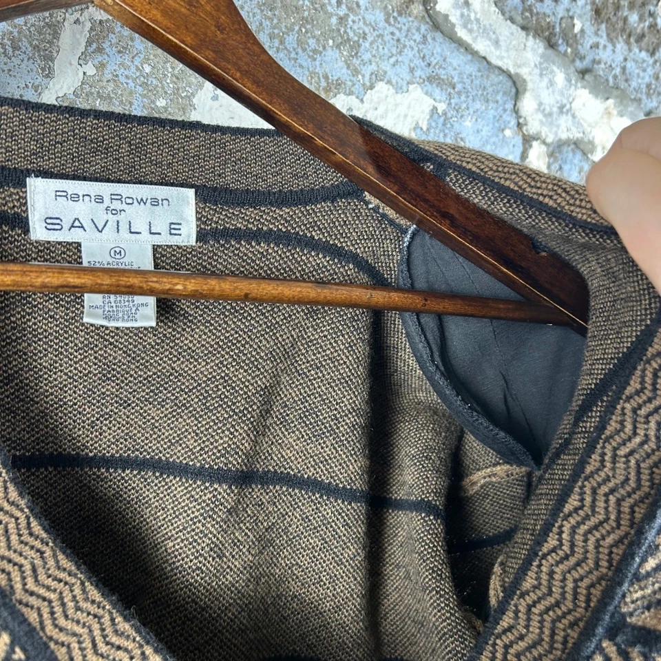 Cárdigan Rena Rowan Saville Marrón Negro Estampado Geométrico Tejido Suéter M Foto 3 de 4