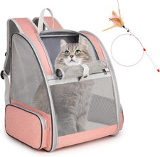 Cat Backpack Carrier, Large Pet Backpack with Kitten Wand Feather Toy for Medium