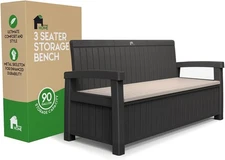 EconoHome 3 Seat Outdoor Storage Bench - 90 Gallon Capacity Black with grey seat