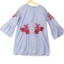 Boohoo Sz 12 Blue/Wh Strip Embroidered Flowers Ruffle Collar/Cuff Tunic/Blouse