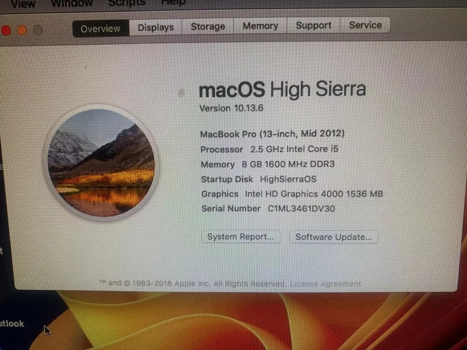 Apple MacBook Pro 13" Intel i5 2.50GHz,8GB, 500GB HDD, HighSierra+Windows10-No8 - Image 3 of 4