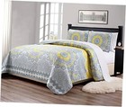 3pc Over Size Quilted Bedspread Floral Medallion Coastal Full/Queen Yellow