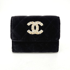 Chanel Women Velvet Flap Card Holder Wallet CD0032 Black CC Logo Small Pocket