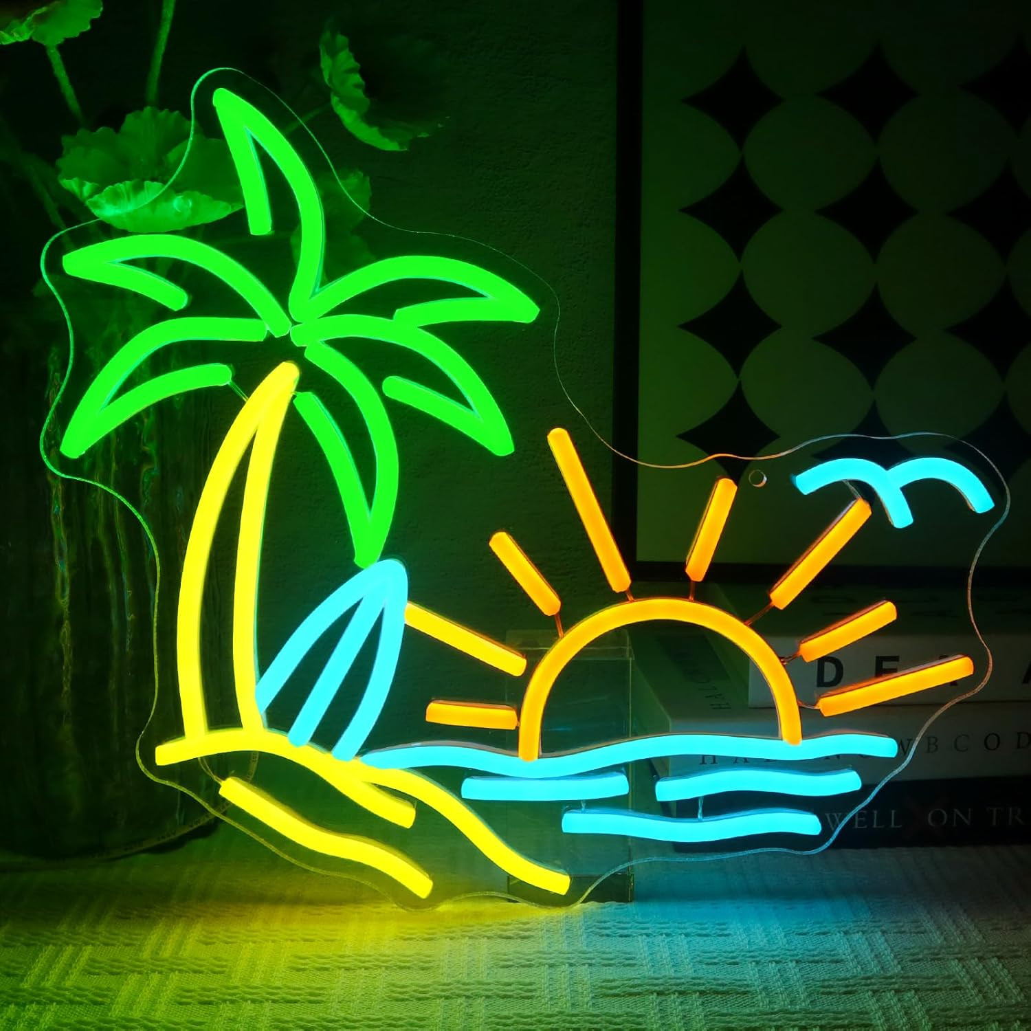 Neon LED Tropical Beach: Decorazione Parete Surf & Palm USB Dimmable
