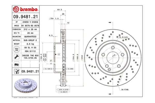 For Mercedes-Benz SL500 03-06 UV Coated Series Drilled Vented Front Brake Rotor - Imagem 2 de 4