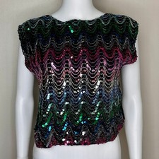 Vintage 1980s Rainbow Zig Zag Sequin Top 80s Lurex Crop Blouse Disco