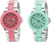 NEW GENEVA RESIN & METAL BAND SILVER TONE+PINK, AQUA WATCH