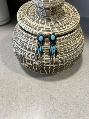 Signed QT Navajo Turquoise Sterling Silver 925 Concho Dangle Post Earrings Flaw