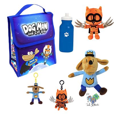 Dav Pilkey Dog Man v3 Lunch Bag, Dog Man and Cat Kid Plush Backpack Pulls Bottle
