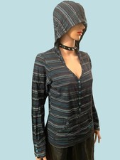Vintage Hoodie Striped Snap Buttons Streetwear Rave Surfer Long Sleeve Blue M