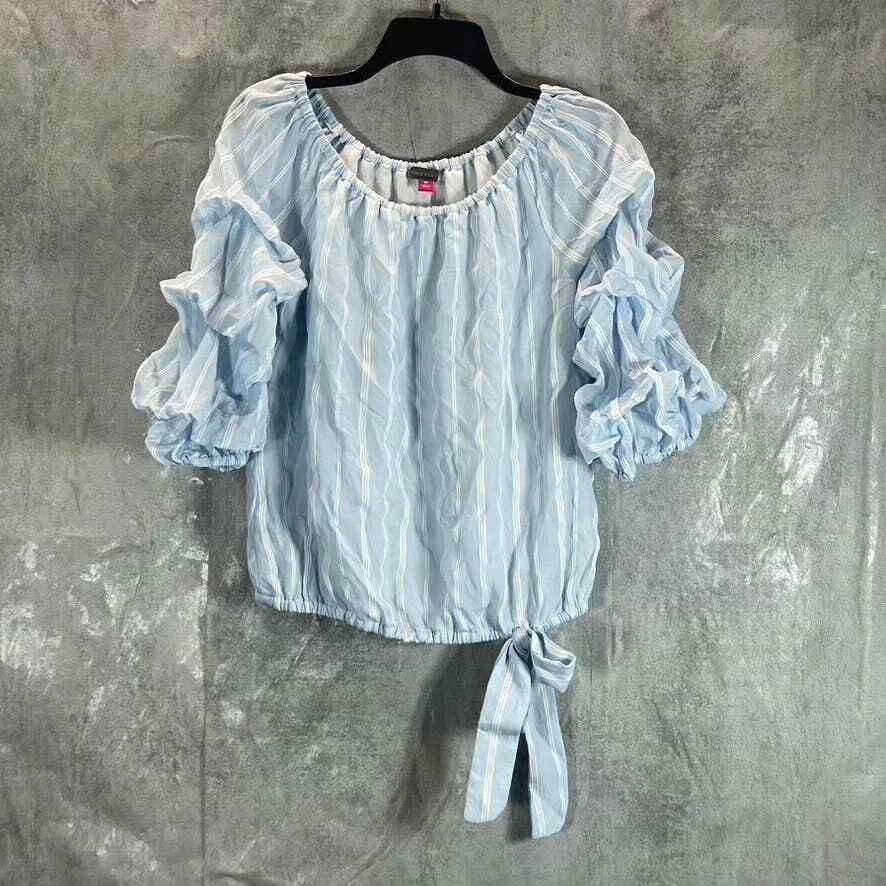 VINCE CAMUTO Women s Blue Striped Off The Shoulder 3 4 Bubble Sleeve Top SZ M