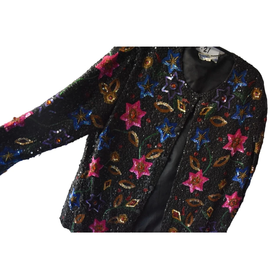 Chaqueta floral negra con cuentas lentejuelas seda Augustus Impressions vintage para mujer L Foto 2 de 4