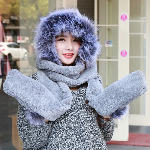 Long Scarf Mittens Hood Faux Fur 
