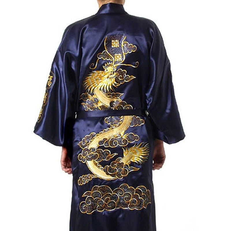 Albornoz Hombres Satén Seda Bata Bordado Dragón Kimono Prendas para dormir Moda Estilo Foto 2 de 4