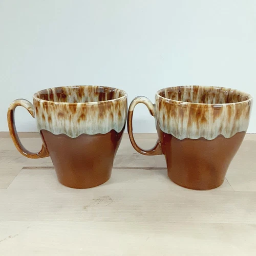 Vintage Canonsburg Drip Glaze Coffee Tea Cups Mugs USA~ Set Of 2 Medium Brown