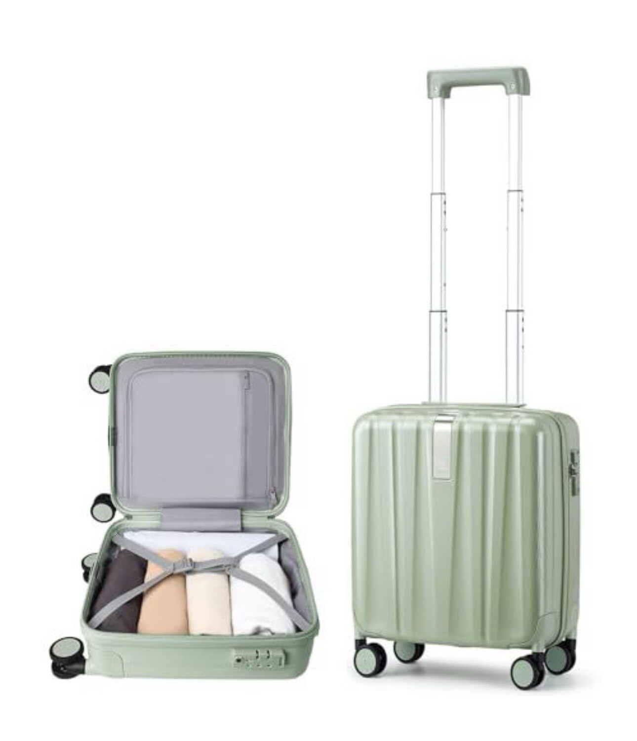14” Carry On Luggage Wheels Hard Shell Suitcase Bamboo Green Fits Under Seat NEW-image