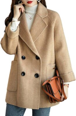 Women Wool-Like Coat Peacoat Jacket Thick Loose Double Breasted Pea Coat