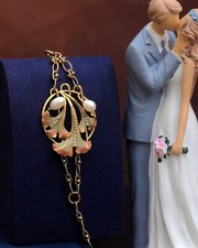 Braccialetto Arte Nuovo Regolabile Foglio Ginkgo Perla Bianca Vintage Stile QD13