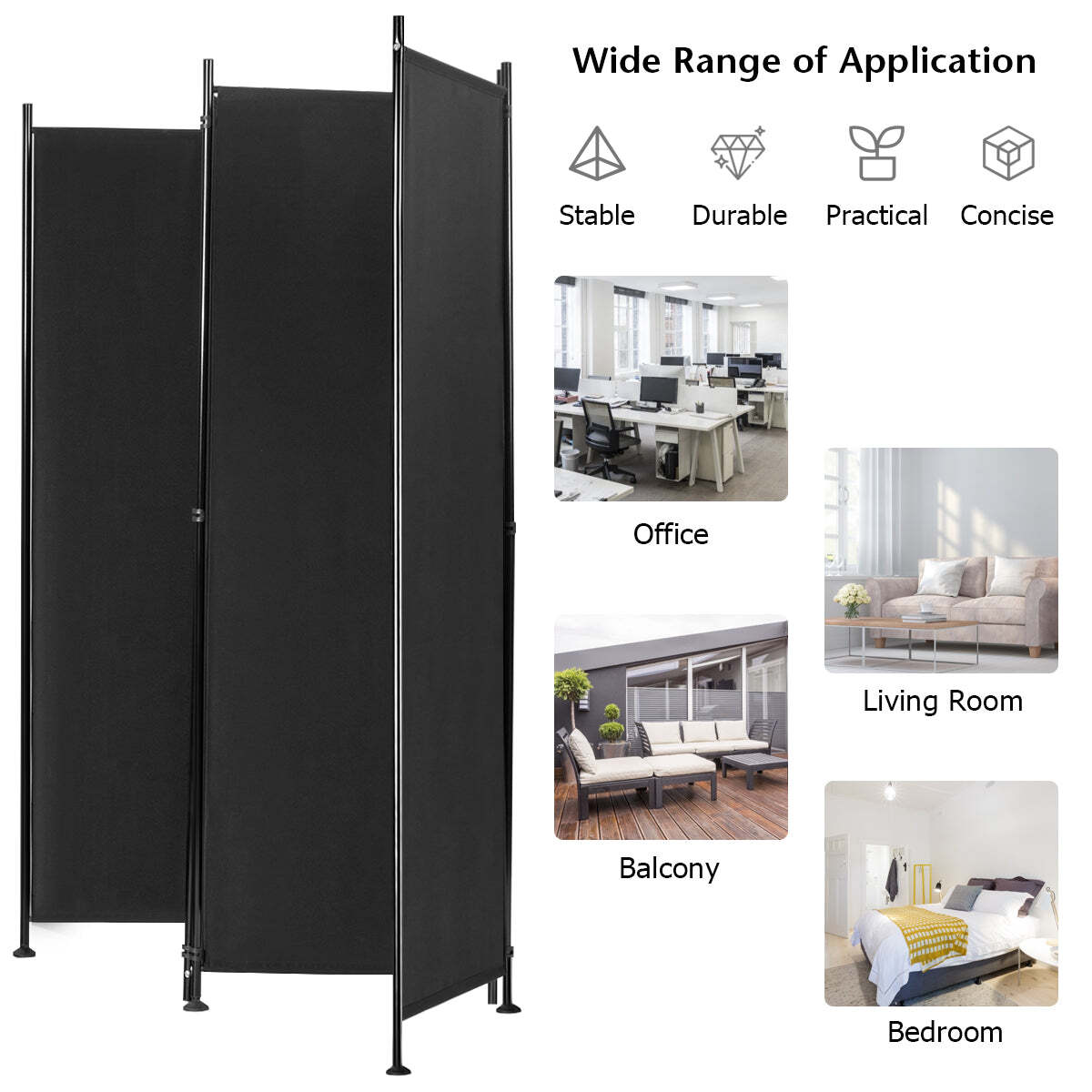 NNECW 4-Panel Folding Room Divider with Adjustable Foot Pads for Home-Black