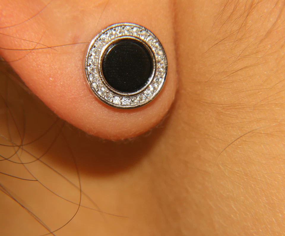 orecchini vero argento 925 bottone tondo 12mm onice nero cornice zirconi bianchi - Immagine 2 di 3