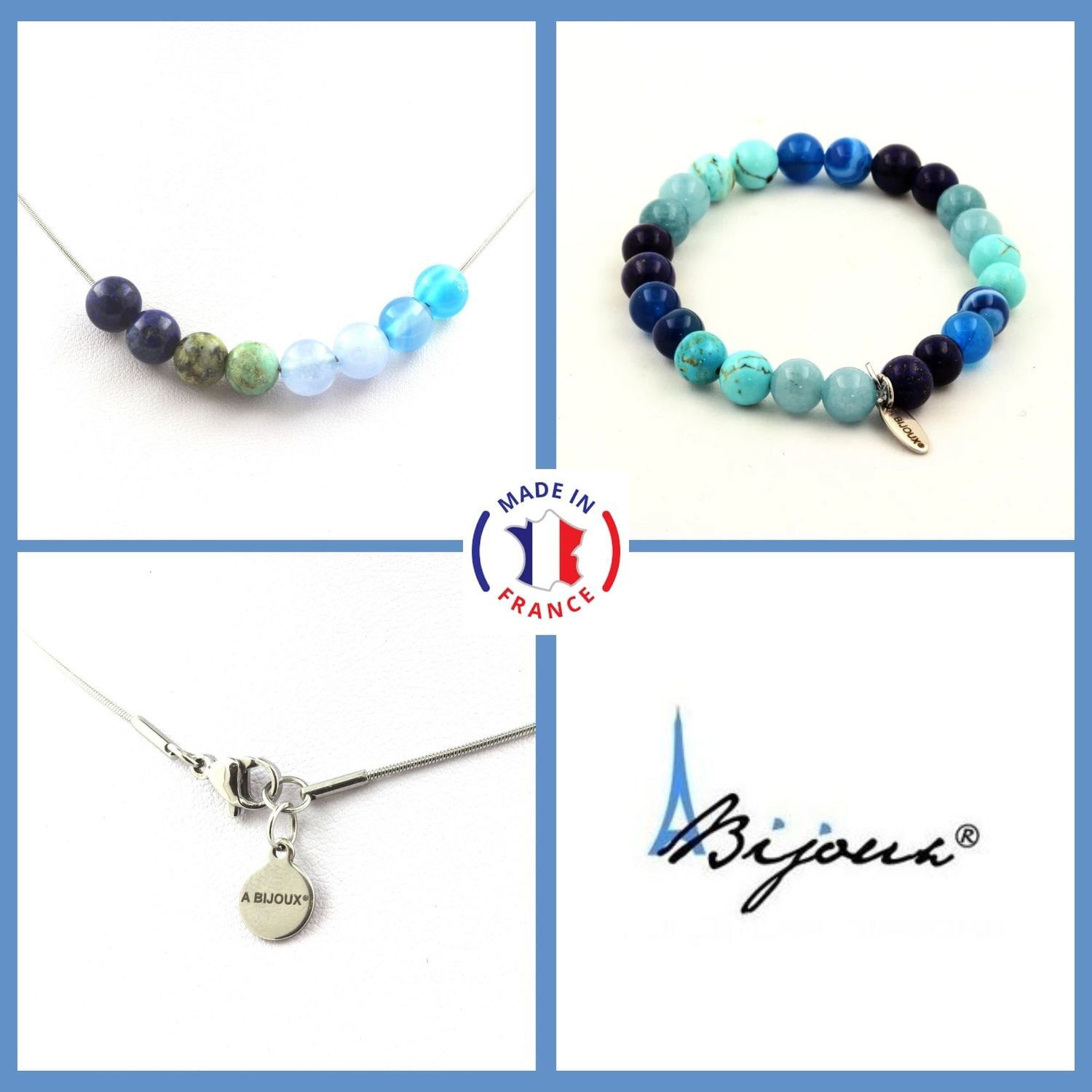 Parure bracelet collier perles lapis lazuli et agate bleue, le cadeau personnalisé idéal
