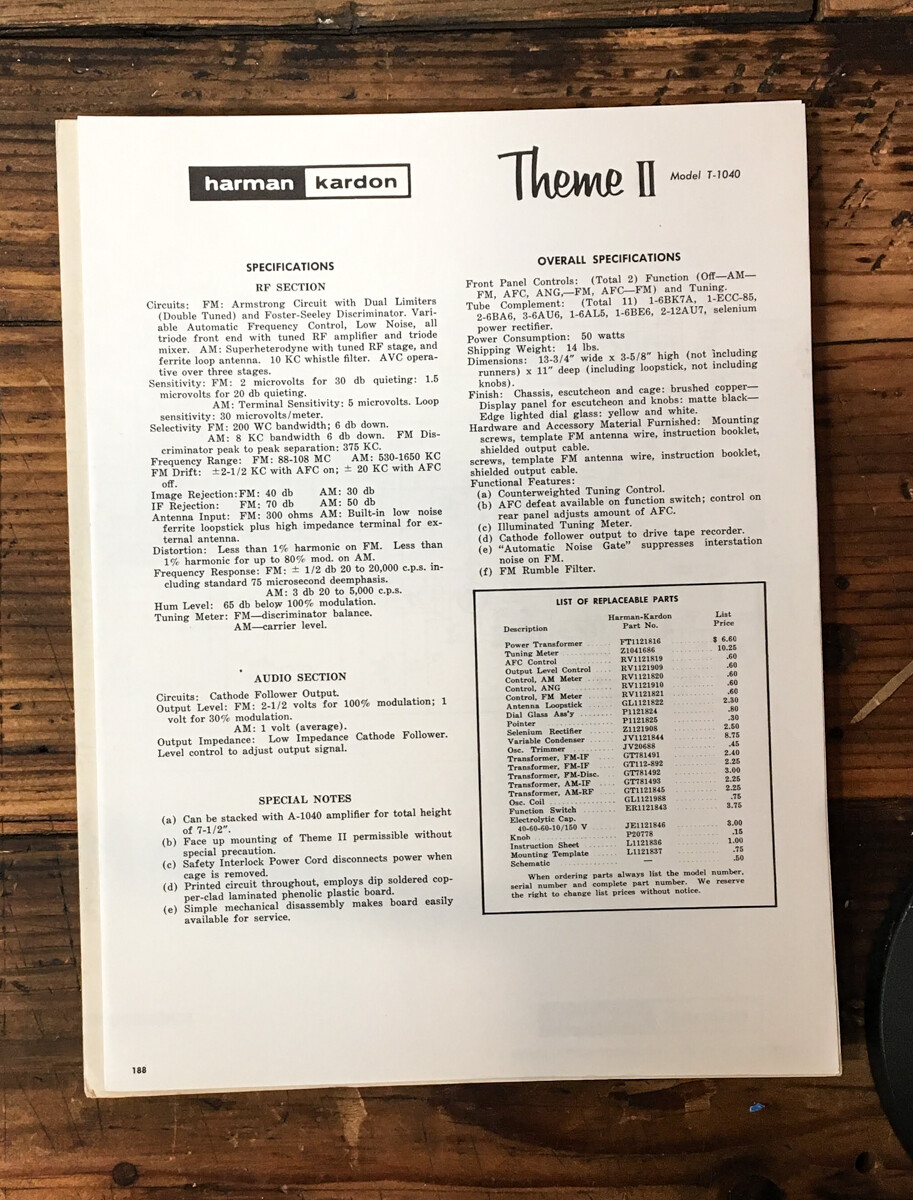 Harman Kardon Theme II T-1040 Tuner Specs & Fold Out Schematic Manual *Orig