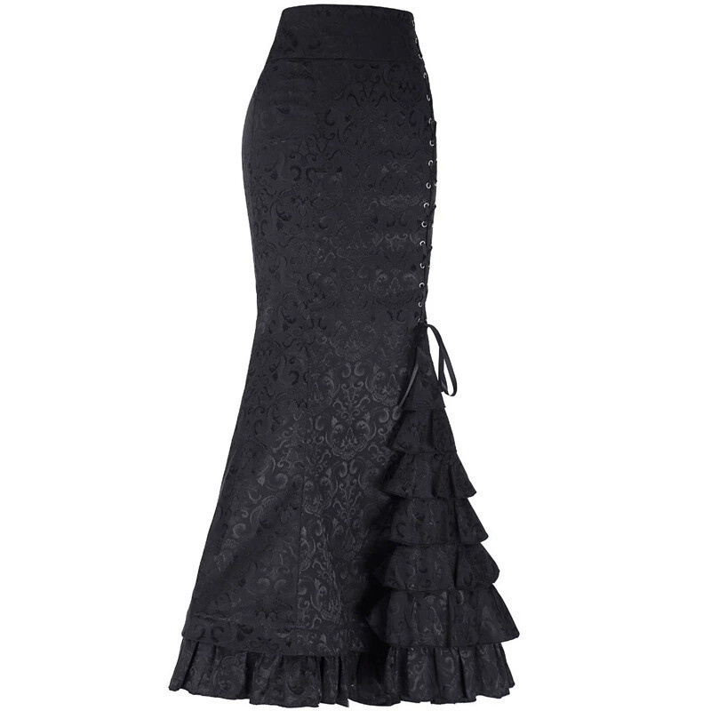 Women Fish-tail Skirt Punk retro Jacquard Lace Up Mermaid