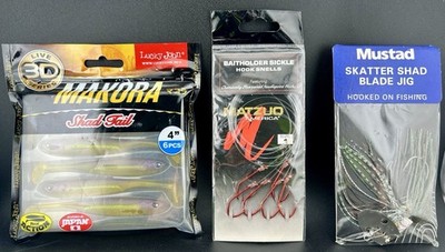 Fishing Makora Shad Tail, Skatter Blade Jig Lure, and Sickle Hook Snell Bundle