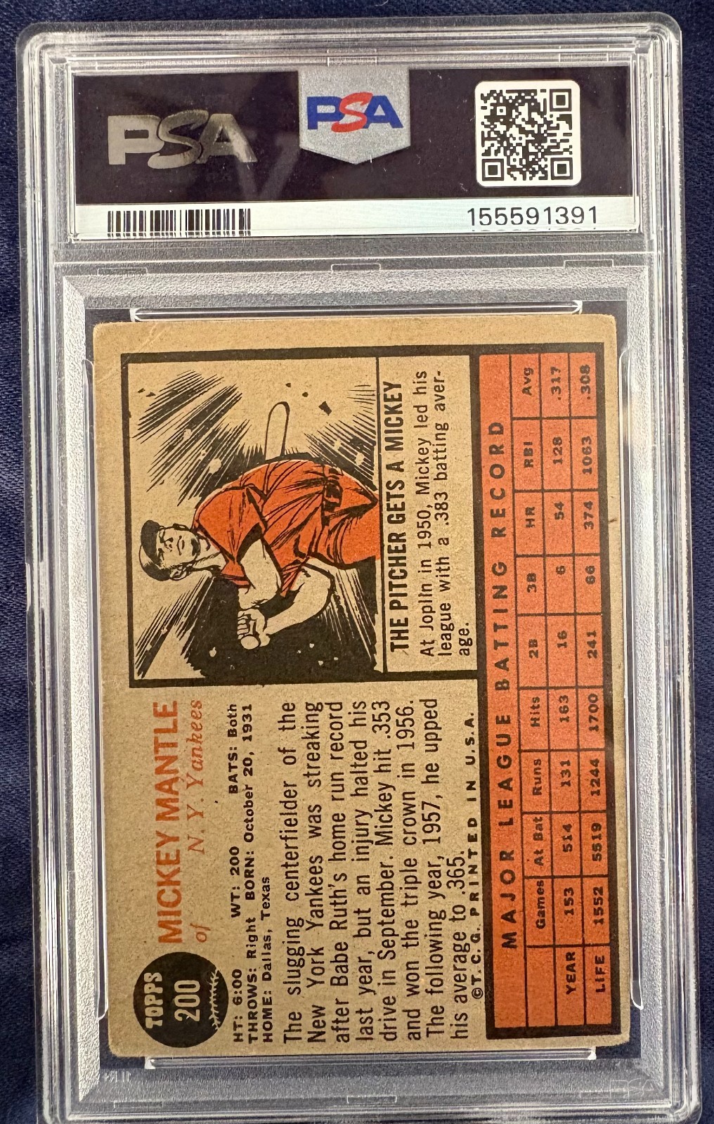1962 Topps Mickey Mantle - 200 - PSA 2 view 2