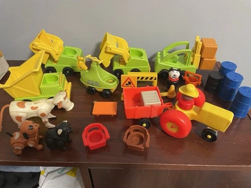 Fisher Price Little People Vintage Farm & Construction Trucks, Tractor, Cow, Pig
