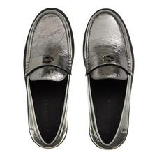Coach Jocelyn Crinkle Leather Logo Silver Loafers Size 6 NWT