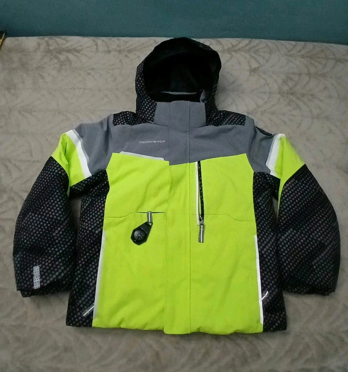 Obermeyer Yellow Gray Black Hooded Ski Jacket Compass Unisex Kids Size 8 Winter