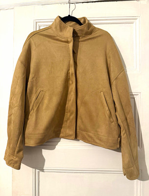 Max Studio London Women's Beige Bomber Jacket L Zip Pockets Collared Relaxed Fit