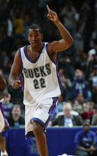 Michael Redd Milwaukee Bucks celebrates at the NBA game v the New- 2002 Photo