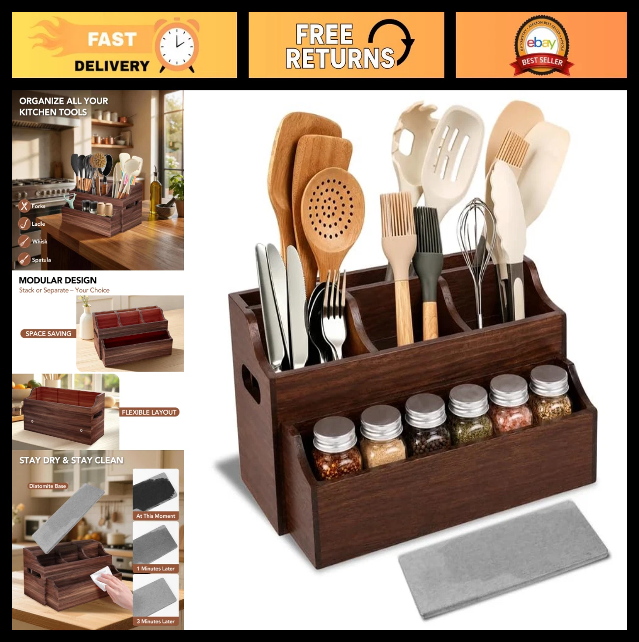 Large Wooden Kitchen Utensil Holder - Countertop Organizer with Removable Divide