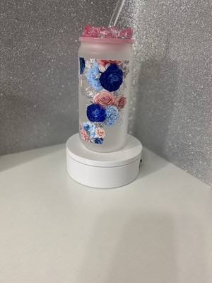 Custom Name Frosted Glass Tumbler with Straw & Pink Lid   Floral Design, 