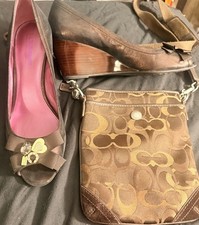 Coach Brown Canvas Peep Toe Wedge Slip-On Hee...