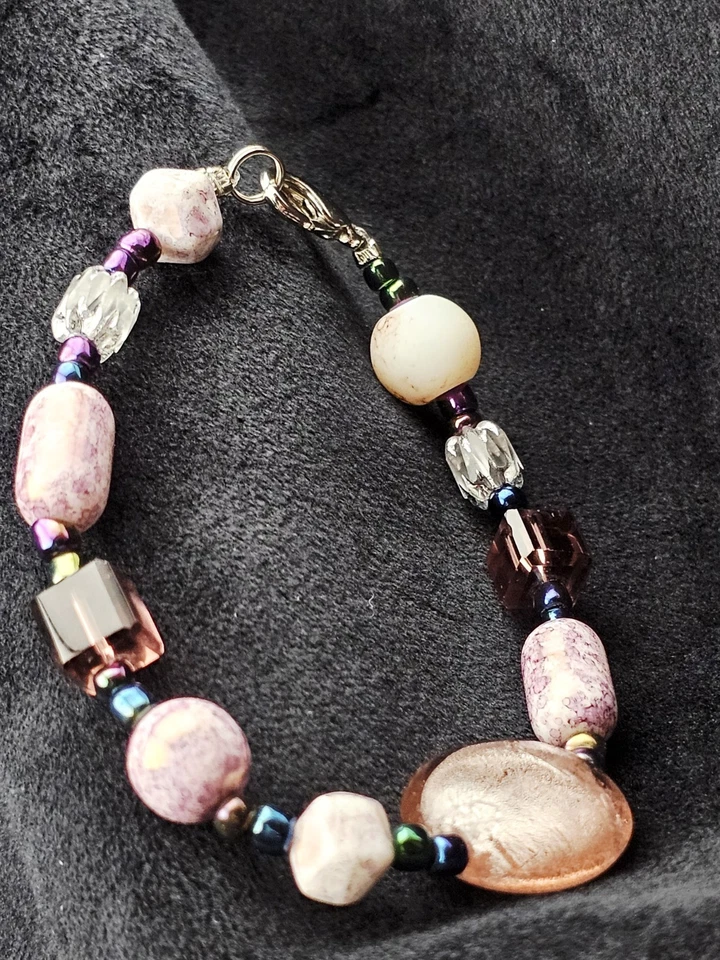 Pulsera artesanal de cuentas de vidrio púrpura y piedra 8" mezcla de murano y cerámica 20 g Foto 2 de 4