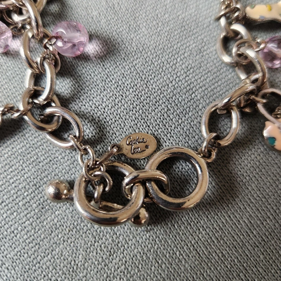 Pulsera COOKIE LEE Moda Dije Esmalte Tono Plata Palanca Rosa Púrpura Años 90 Foto 3 de 4