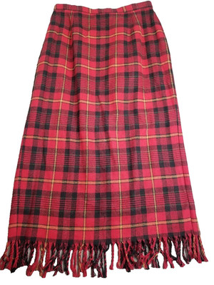 Jaclyn Smith Midi Skirt 12 Red Wool Plaid Tartan Fringe Hem Academia School Girl