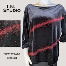 I.N. Studio Velvet Top 3X Black Red Sequined Stretch Holiday Dressy Party NEW