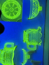 Higbee Glass Vaseline Child’s Set Creamer Sugar Butter Dish Glows Brightly!