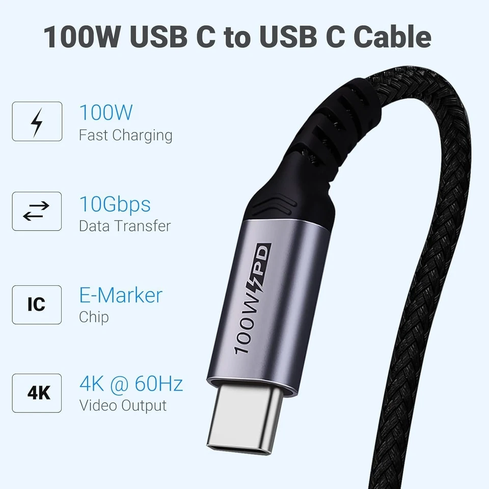 Кабели USB C 10 футов упаковка 2 шт. - 100 Вт быстрая зарядка, видео 4K и высокоскоростная синхронизация - Изображение 4 из 4